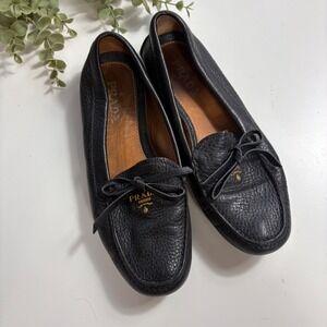 Prada Black Pebbled Leather Driving Loafers Gold Logo Bow Flats  Womens